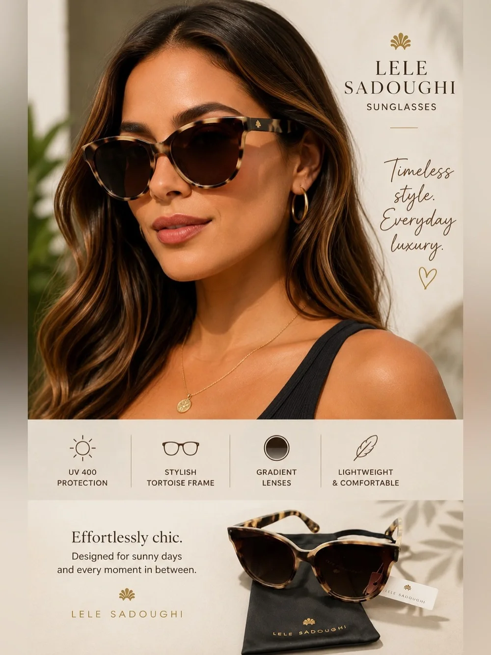 Lele Sadoughi Brooklyn Classic Tortoise Oversized Sunglasses w/ Dust Bag NWT